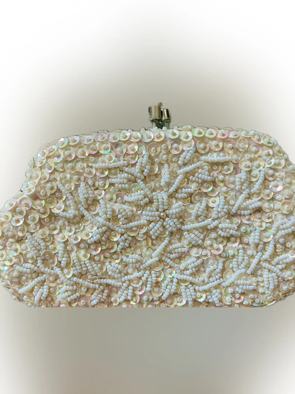 Vintage 1960’s Pearl Sequin Tiny Evening Clutch with Kiss Lock from Lisbon